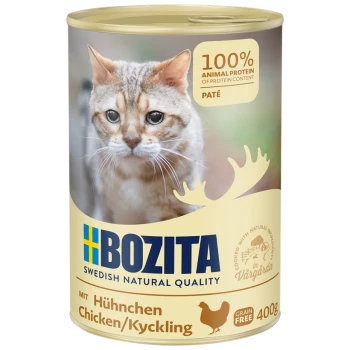 Une boîte de nourriture pour chat Bozita présentant une image en gros plan d'un chat sur l'étiquette, indiquant "100% Protéine Animale" et "Sans Céréales."