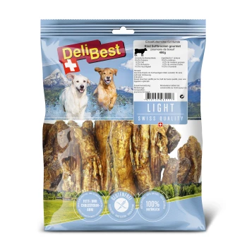 DeliBest Hundeleckerlis-Paket mit weichen Rindfleischsnacks, gekennzeichnet mit "Leichte Schweizer Qualität", glutenfrei, 100 % natürlich, mit Nährwertangaben.