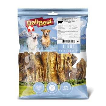 DeliBest Hundeleckerlis-Paket mit weichen Rindfleischsnacks, gekennzeichnet mit "Leichte Schweizer Qualität", glutenfrei, 100 % natürlich, mit Nährwertangaben.