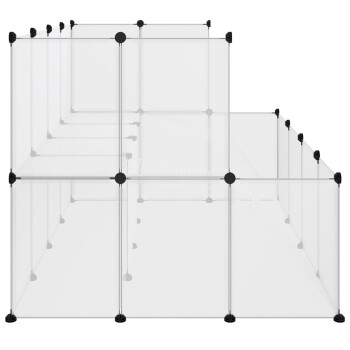 Transparenter Haustierspielbereich mit schwarzen Verbindern, mit mehreren Abschnitten und einem geräumigen Design, damit Haustiere sicher spielen können.