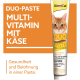 GimCat DUO-PASTE Multivitamin-Tube mit orange-getigertem Kater; sichtbarer Text 'DUO-PASTE MULTI-VITAMIN MIT KÄSE' und '12 VITAMINE'.
