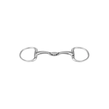Ein glänzendes Edelstahl-Pferdegebiss mit einem doppelt gelenkigen Design und zwei großen Ringen an jedem Ende, geeignet für den Reitsport.