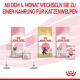 Bild von Royal Canin Katzenfutterprodukten: Mother & Babycat, Maine Coon und Kitten, mit einem Hinweis, nach 4 Monaten auf Kittenfutter umzusteigen.