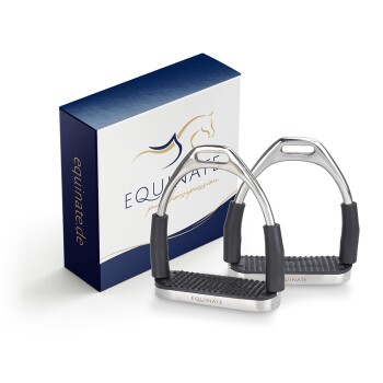 Edelstahl-Pferdereitsteigbügel mit Gummigriffen, neben einer blau-weißen Box mit der Aufschrift 'EQUINATE' ausgestellt.