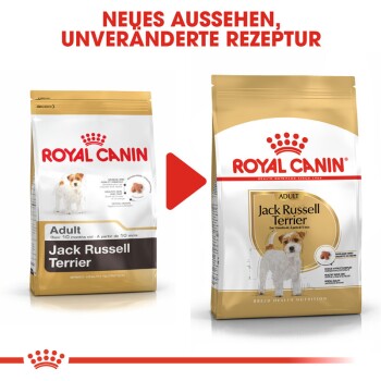 Zwei Säcke Royal Canin Hundefutter für Jack Russell Terrier mit neuem Design und unveränderter Rezeptur. Text: "NEUES AUSSEHEN, UNVERÄNDERTE REZEPTUR."