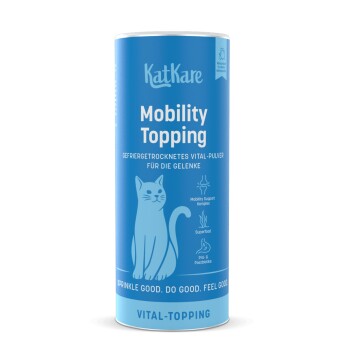 Blaue KatKare-Dose mit der Aufschrift 'Mobility Topping', Katzenillustration und dem Text 'Vital-Topping'.