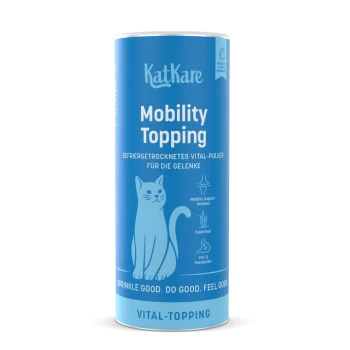Blaue KatKare-Dose mit der Aufschrift 'Mobility Topping', Katzenillustration und dem Text 'Vital-Topping'.