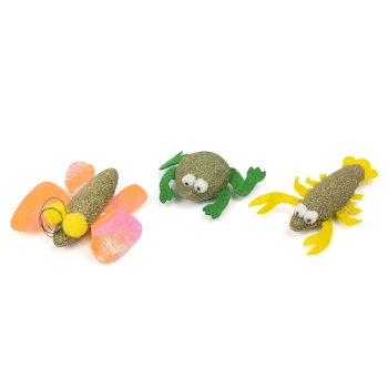 Drei bunte Haustierspielzeuge: eine pinke und gelbe Libelle, ein grüner Frosch und ein gelb-grüner Krebs, alle aus weichen Materialien.