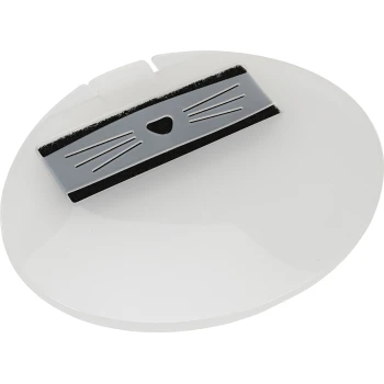 Klappe für offene Toilette Bella Weißes Haustierpflegewerkzeug mit einem grauen Griff, der ein Katzenkopfdesign und Schnurrhaare aufweist, entworfen zum Entfernen von losem Fell.