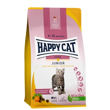Happy Cat Junior Trockenfutter für Katzen, geeignet für Kätzchen von 4-12 Monaten, mit einem verspielten Kätzchen und Text, der Zutaten aus der Landwirtschaft hervorhebt.