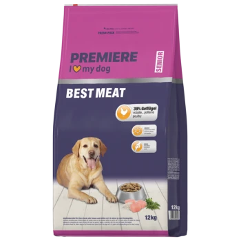 Sac de nourriture pour chiens Premiere I love my dog Senior Best Meat avec 39 % de volaille, 12 kg, montrant un chien et une gamelle.