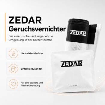 Weiße ZEDAR-Geruchsneutralisator-Beutel mit ZEDAR-Logo; deutsche Überschrift 'Geruchsvernichter' und Beschreibung 'Neutralisiert Gerüche.'