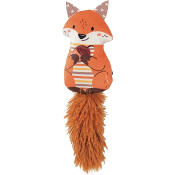 Orange plush fox pet toy with striped belly holding an acorn and a long fuzzy tail