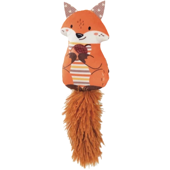 Orange plush fox pet toy with striped belly holding an acorn and a long fuzzy tail