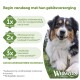 Hond die een gebitstraktatie kauwt; zichtbare tekst 'Begin vandaag met hun gebitsverzorging' en badge 'Kauw 1x'; Whimzees-logo