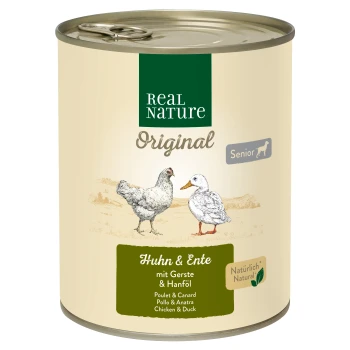 Dosenfutter für Hunde, beschriftet mit "Real Nature Original Senior", mit Illustrationen eines Huhns und einer Ente, mit dem Text "Huhn & Ente mit Gerste & Hanföl."
