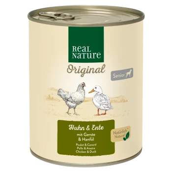Nourriture en conserve pour chiens étiquetée 'Real Nature Original Senior', présentant des illustrations d'un poulet et d'un canard, avec le texte 'Huhn & Ente mit Gerste & Hanföl.'