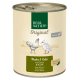 Dosenfutter für Hunde, beschriftet mit "Real Nature Original Senior", mit Illustrationen eines Huhns und einer Ente, mit dem Text "Huhn & Ente mit Gerste & Hanföl."