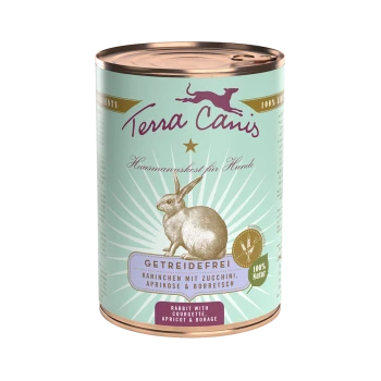 Dosen-Hundefutter von Terra Canis mit einer Kaninchenillustration, beschriftet 'Getreidefreies Kaninchen mit Zucchini, Aprikose & Borretsch.'