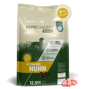 Reavet Hypoconcept Adult Hundefutter-Sack – 'Mit frischem Huhn' 12,5 kg, Single-Protein- und glutenfreie Symbole, rohe Hühnerstücke.