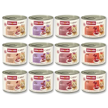 12 Dosen Animonda CARNY Katzenfutter mit Katzenabbildung; Etiketten zeigen „animonda“, „CARNY“, „Rind + Huhn“, „Rind + Lamm“, „Rind + Herz“, „Rind“