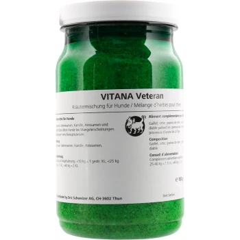Veteran 100g Grüner Kräuterergänzungsbehälter mit dem Etikett "VITANA Veteran" für Hunde, mit Zutaten wie Selleriesamen und Kamille, mit Fütterungshinweisen.