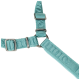 Teal adjustable dog harness with metal buckles and embossed text "JULIUS-K9" on the strap.