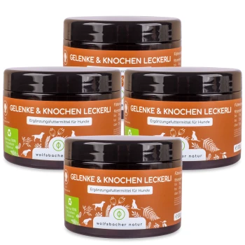 Vier Gläser mit "Gelenke & Knochen Leckerli" Hundesnacks, gekennzeichnet als Ergänzungsfutter für Hunde, von Wolfsbacher Natur.