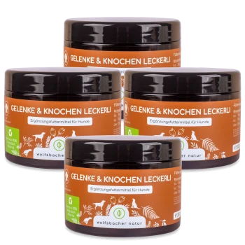 Vier Gläser mit "Gelenke & Knochen Leckerli" Hundesnacks, gekennzeichnet als Ergänzungsfutter für Hunde, von Wolfsbacher Natur.