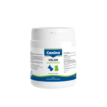 Canina Velox Gelenk-Energie Ergänzung für Haustiere in einem weißen Behälter mit blauen und grünen Akzenten, zeigt Nährwertinformationen und Fütterungshinweise.