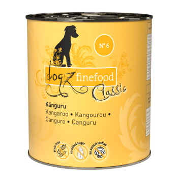 Gelbe Dose Hundefutter mit der Aufschrift "dogz finefood Classic" mit Känguru als Hauptzutat, ohne Zuckerzusatz und ohne Tierversuche.