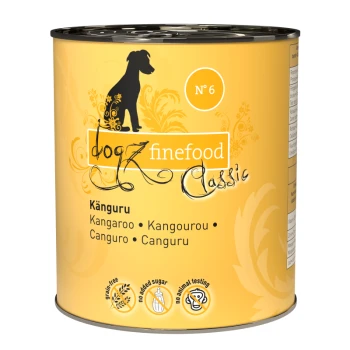 Gelbe Dose Hundefutter mit der Aufschrift "dogz finefood Classic" mit Känguru als Hauptzutat, ohne Zuckerzusatz und ohne Tierversuche.