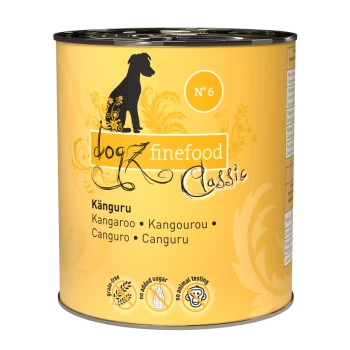 Gelbe Dose Hundefutter mit der Aufschrift "dogz finefood Classic" mit Känguru als Hauptzutat, ohne Zuckerzusatz und ohne Tierversuche.