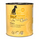 Gelbe Dose Hundefutter mit der Aufschrift "dogz finefood Classic" mit Känguru als Hauptzutat, ohne Zuckerzusatz und ohne Tierversuche.