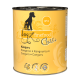 Gelbe Dose Hundefutter mit der Aufschrift "dogz finefood Classic" mit Känguru als Hauptzutat, ohne Zuckerzusatz und ohne Tierversuche.