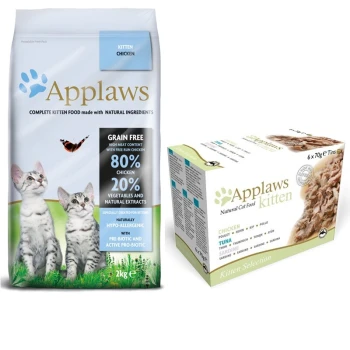 Applaws Kittenfutter: 2kg getreidefreies Hühnerfutter (80% Huhn) und eine Box mit 6 Dosen (Huhn, Thunfisch, Sardine) Nassfutter.