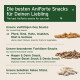 Adventskalender für Hunde mit einer verspielten Hundillustration, mit Text auf Deutsch: "Unwiderstehliche Leckerbissen - jeden Tag ein neuer Snack."