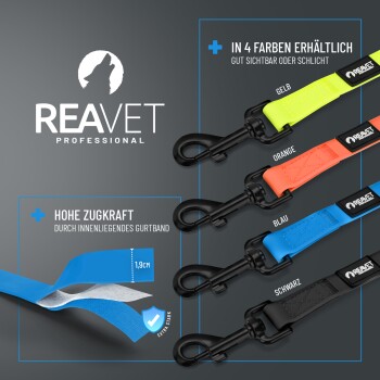 Hundeleinen in vier Farben (gelb, orange, blau, schwarz) mit hoher Zugfestigkeit und 1,9 cm breitem Innenband von REAVET.