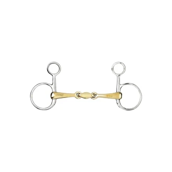 Baucher-Trense Sweet Kupfer 12,5 cm Ein glänzendes silbernes und goldenes Pferdegebiss mit einem doppelt gelenkigen Design, mit zwei Ringen auf jeder Seite zur Befestigung.