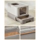 Eine moderne Katzenstreu-Box mit einer herausziehbaren Schublade für einfache Reinigung, mit einer strukturierten Oberseite und einer transparenten Tür.