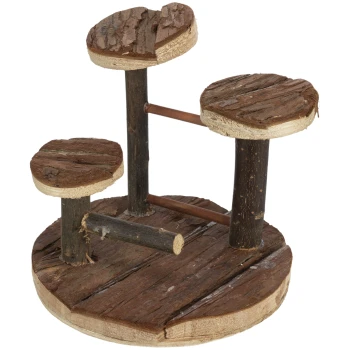 Holz-Kletterstruktur für Haustiere mit drei runden Plattformen und vertikalen Pfosten, entworfen für kleine Tiere.