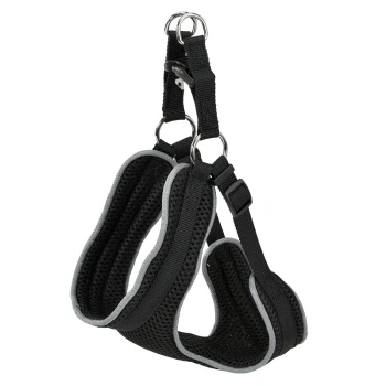 Schwarzes Haustiergeschirr mit grauem Rand, mit verstellbaren Riemen und metallenen D-Ringen zur Leinenbefestigung.