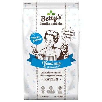 Betty's Landhausküche Katzennahrungstüte, 1,4 kg, Illustration von Frau und Katze; sichtbare Texte: 'Pferd pur', 'Mono-protein', 'KATZEN'.