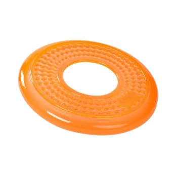 Bright orange dog frisbee with a textured surface and a central hole, designed for outdoor play.