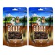 Deux sacs de friandises pour chiens DeliBest Goody avec un arrière-plan de montagne, étiquetés "Viande fraîche", "Sans céréales", "Semi-humide" et "Chèvre".