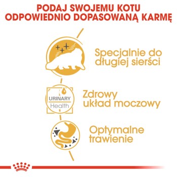 Infografika promująca karmę dla kotów z korzyściami dla długiej sierści, zdrowia układu moczowego i optymalnego trawienia, z ikonami i tekstem w języku polskim.