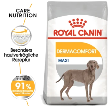Royal Canin Dermacomfort Maxi Hundefutterbeutel mit einem Weimaraner, mit Text, der die Pflegeernährung und ein spezielles Rezept für Hautempfindlichkeit hervorhebt.