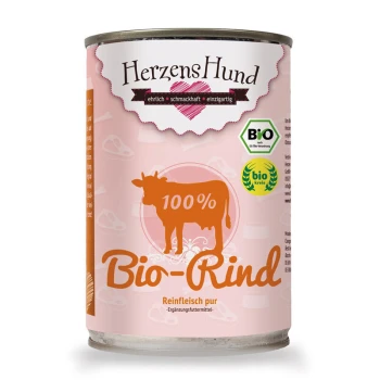 Reinfleisch pur BIO 12x400g Bio Rind Dose Hundefutter mit der Aufschrift "HerzensHund Bio-Rind", die eine Silhouette einer Kuh zeigt, mit den Angaben "100% Bio-Rind" und "Reinfleisch pur."