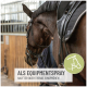 Nahaufnahme eines Pferdekopfes mit Zaumzeug, mit einer Person im Hintergrund. Text lautet "ALS EQUIPMENTSPRAY HALTER ODER TRENSE EINSPRÜHEN."