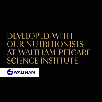 Goldener Text auf schwarzem Hintergrund: 'Entwickelt in Zusammenarbeit mit unseren Ernährungswissenschaftlern am Waltham Petcare Science Institute' mit WALTHAM-Logo.